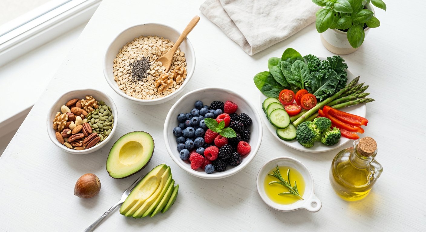 Heart-friendly foods including vegetables, berries, nuts and olive oil