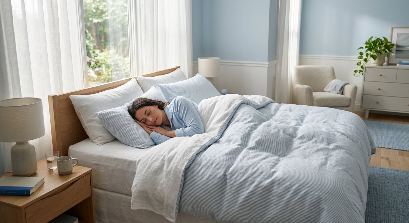 A calm, restful bedroom with soft morning light